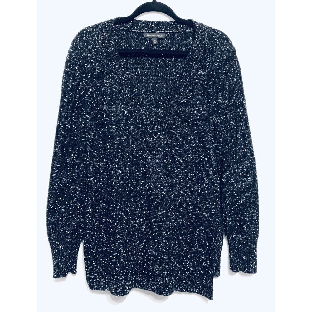 Banana Republic Womens Medium V-Neck Pullover Sweater Speckled Marled Black